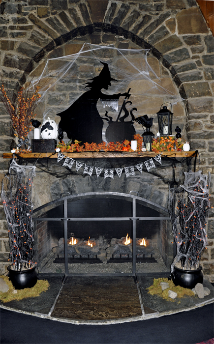 fireplace with Halloween decorations